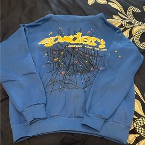 Blue Graphic Crewneck Sweatshirt with Spiderweb Motif